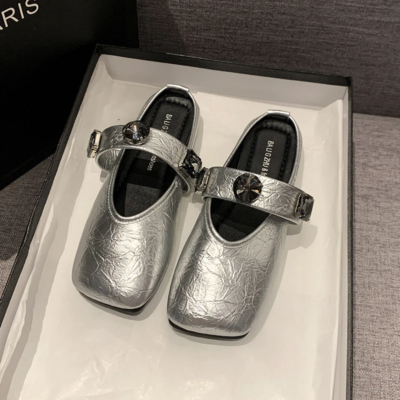 法式方头半拖鞋2025年新款法式水钻女外穿包头平底懒人皱皮穆勒鞋