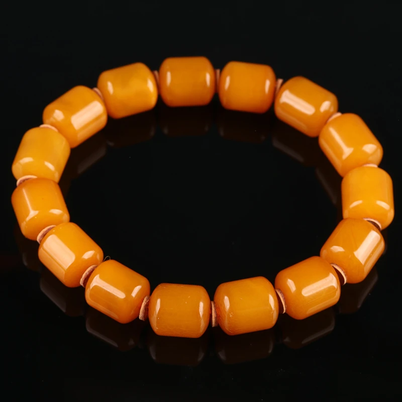 欧说珠宝新中式浓郁老蜡大颗饱满随形桶珠单圈招财蜜蜡手串男女