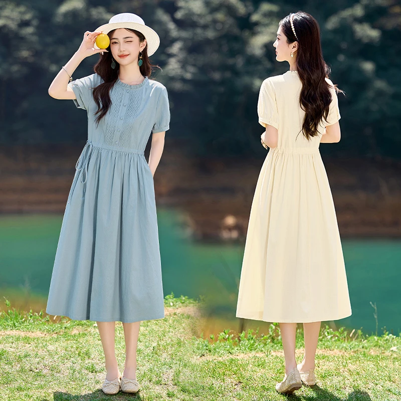 绿野仙踪文艺绿色短袖连衣裙2025夏过膝法式茶歇裙夏天氛围小裙子