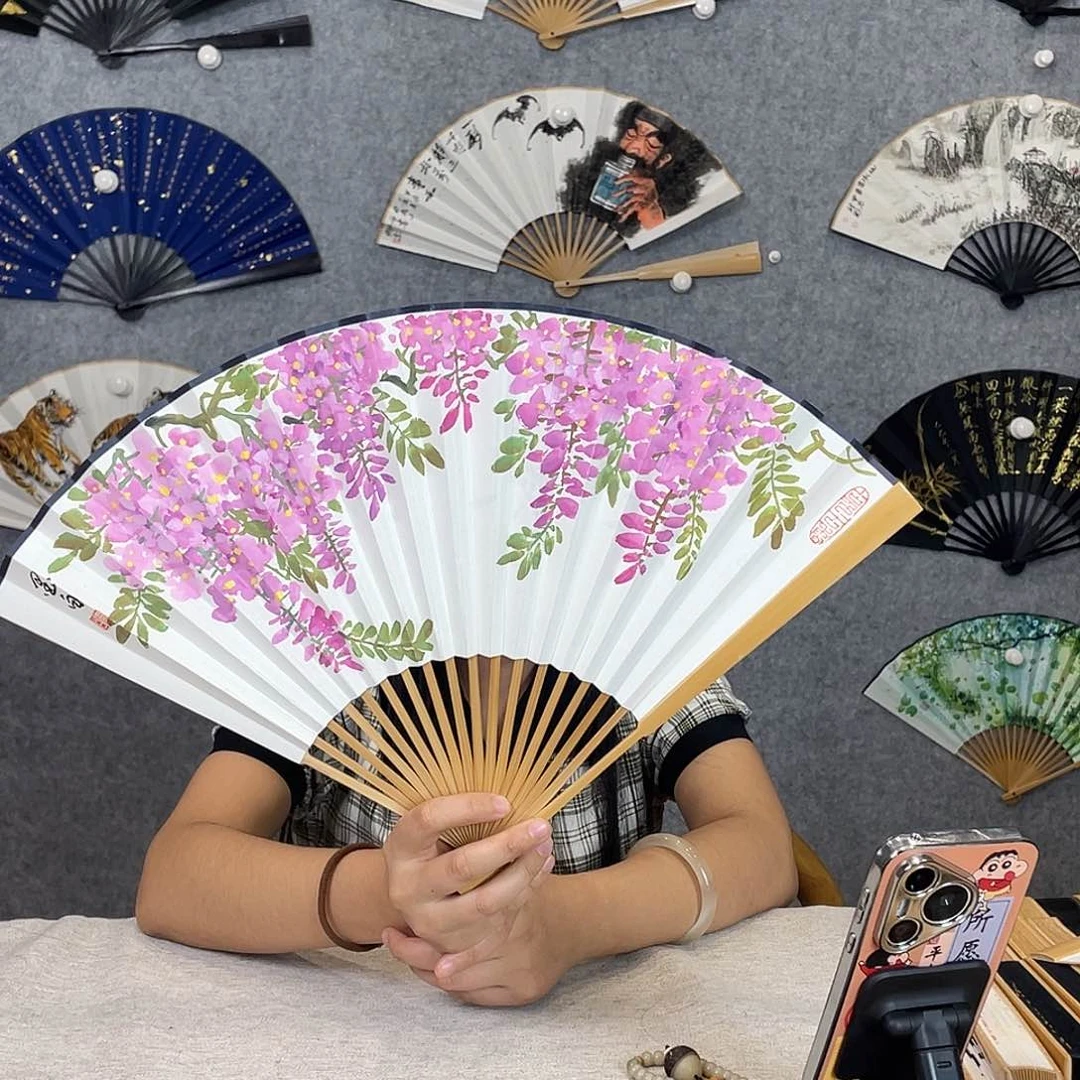 国画95寸水磨玉竹纯手绘-文玩扇骨（默认粘好）