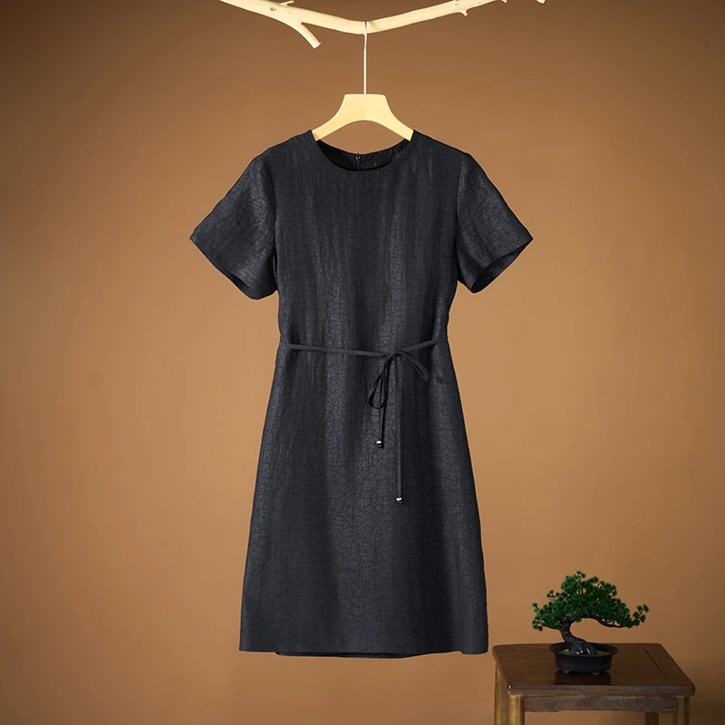 小个子香云纱龟裂纹连衣裙圆领真丝桑蚕丝高端系带收腰显瘦裙子