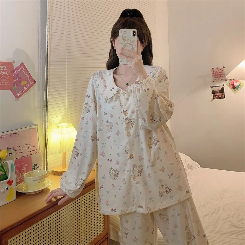 Cozy家大码睡衣德绒女冬季加厚加肥加大娃娃领猫咪家居服长袖套装