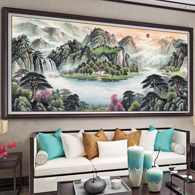 流水生财钻石画2025新款满钻客厅中式聚宝盆山水风景砖石贴画全钻