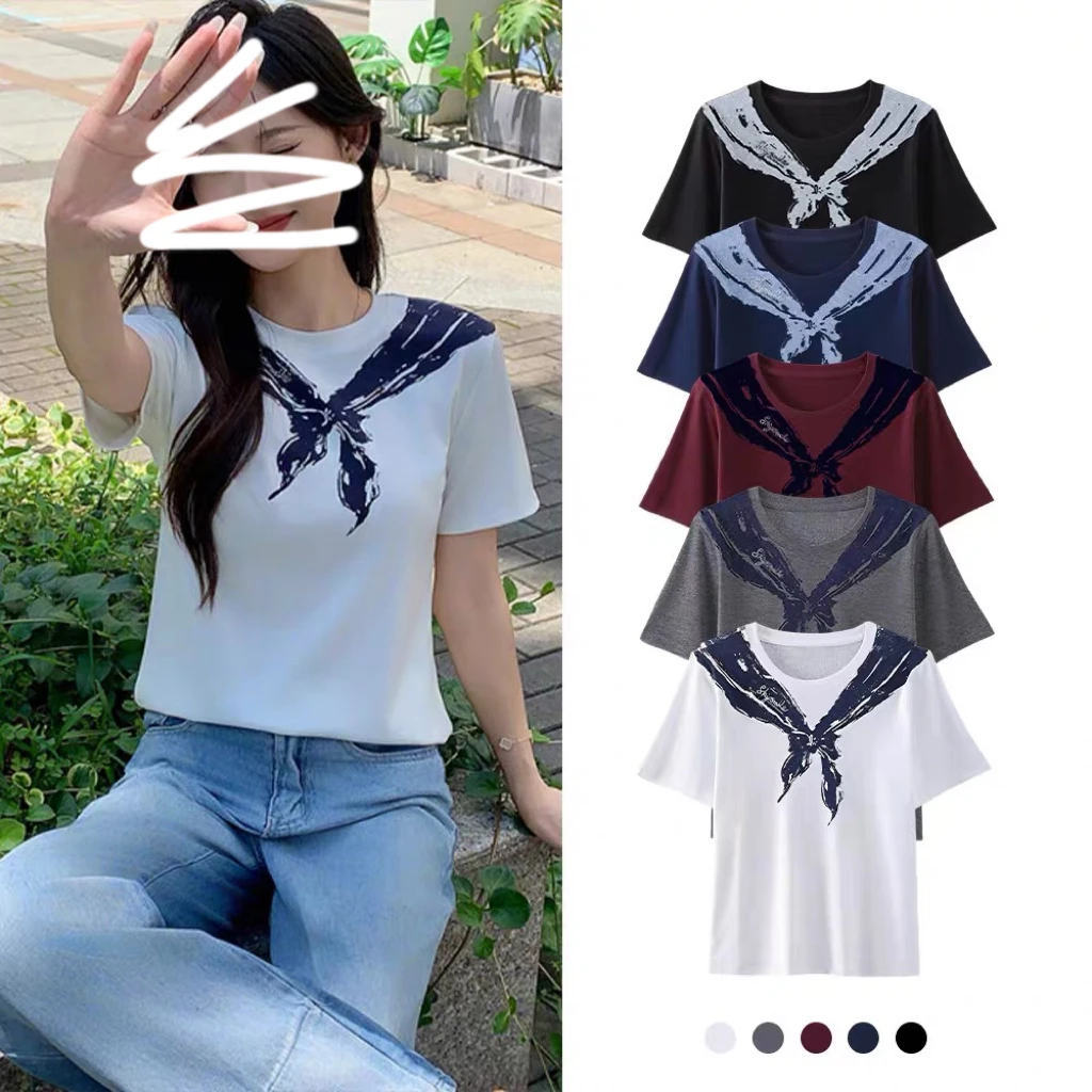 薇莎5550【现货】80-150斤学院风蝴蝶印花甜美T恤学生