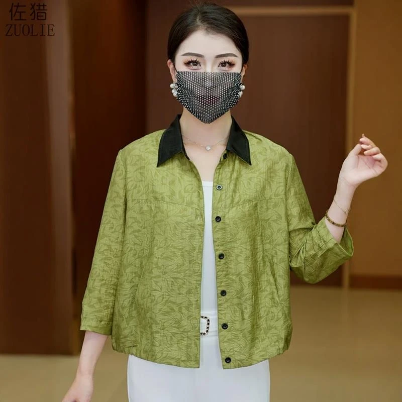 洋气提花薄款衬衫女夏季新款翻领七分袖上衣宽松中老年妈妈装开衫