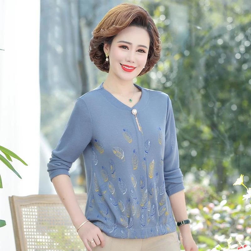 B113妈妈长袖恤时尚洋气2025新款中年女春装打底小衫中老年春秋上