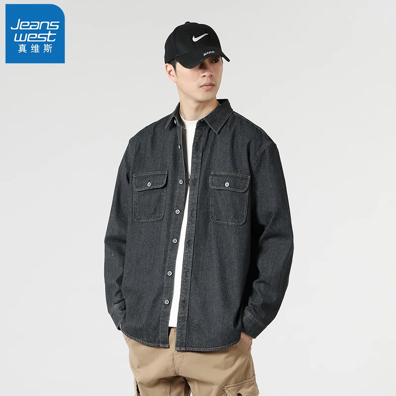 Jeanswest/真维斯牛仔衬衣外套男春季新款工装复古上衣休闲衬衫潮