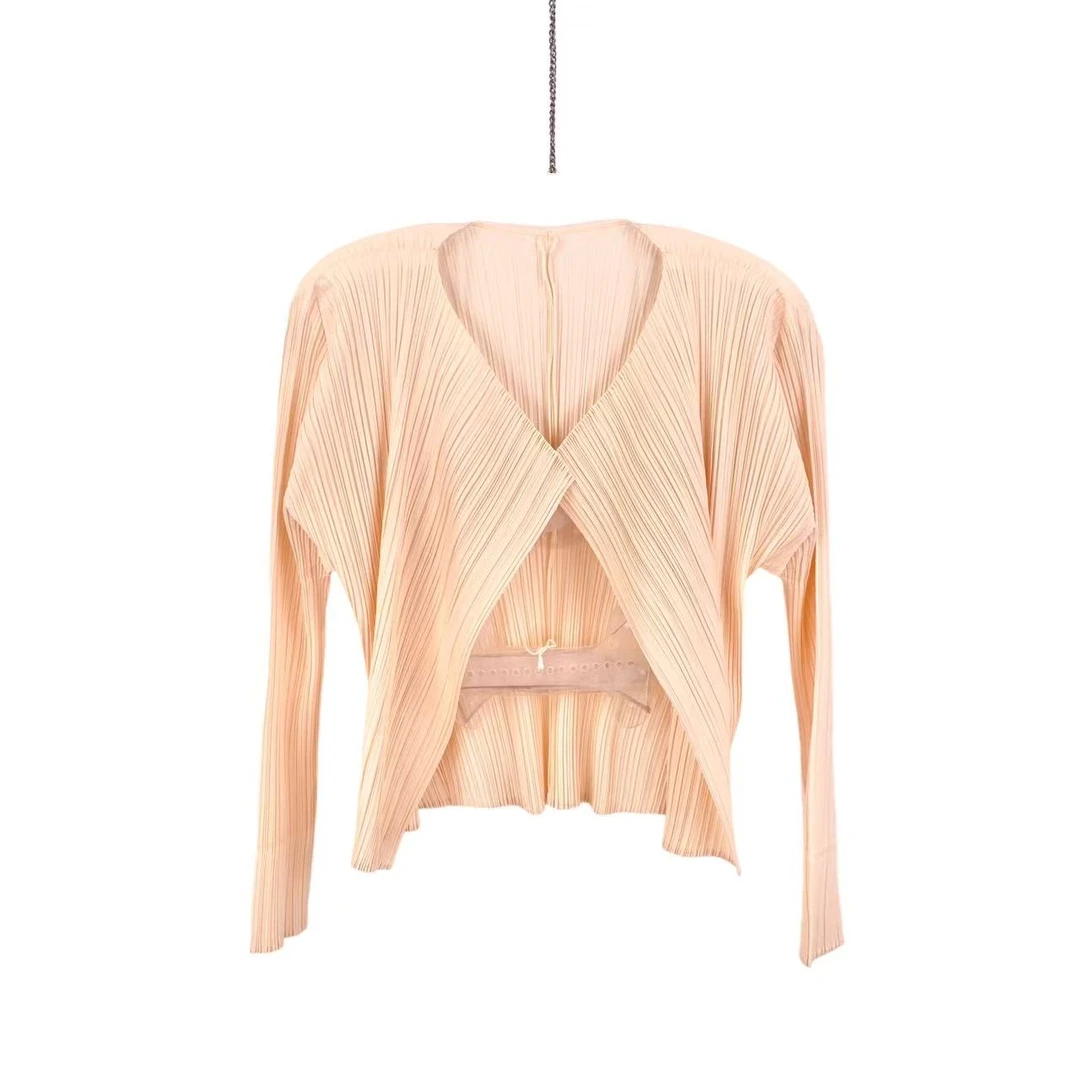 95新 Issey Miyake/三宅一生  bb2058 聚酯纤维 褶皱无领开衫 L码