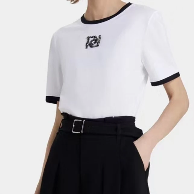 <老尚家007>常规款有弹力T恤针织套头短袖钉珠高质感穿搭