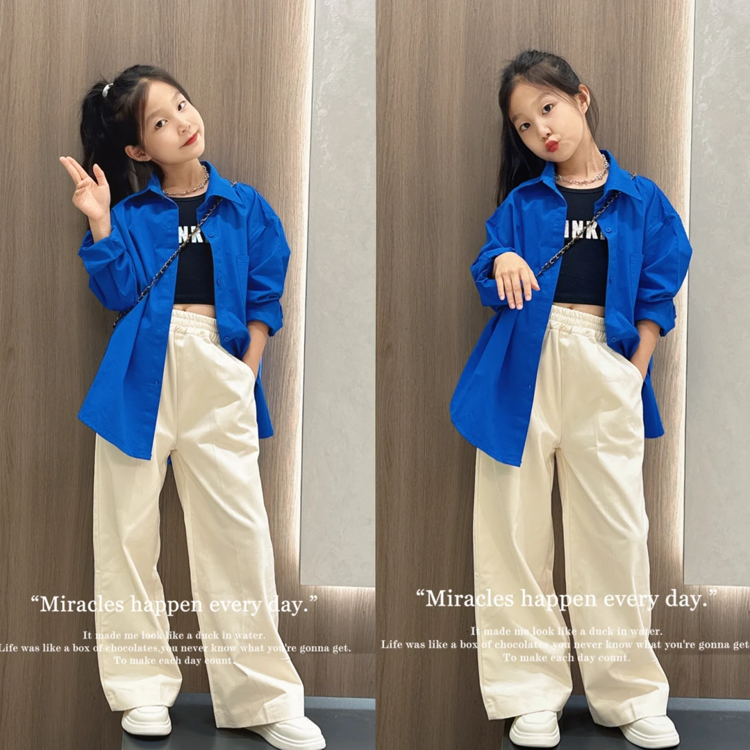 女童秋季韩版洋气衬衫外套中大童休闲简约长裤阔腿裤潮