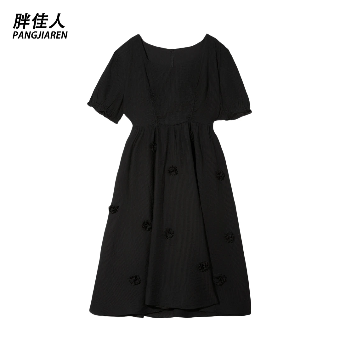 黑色立体花朵夏季新款大码女装方领气质时尚收腰显瘦连衣裙