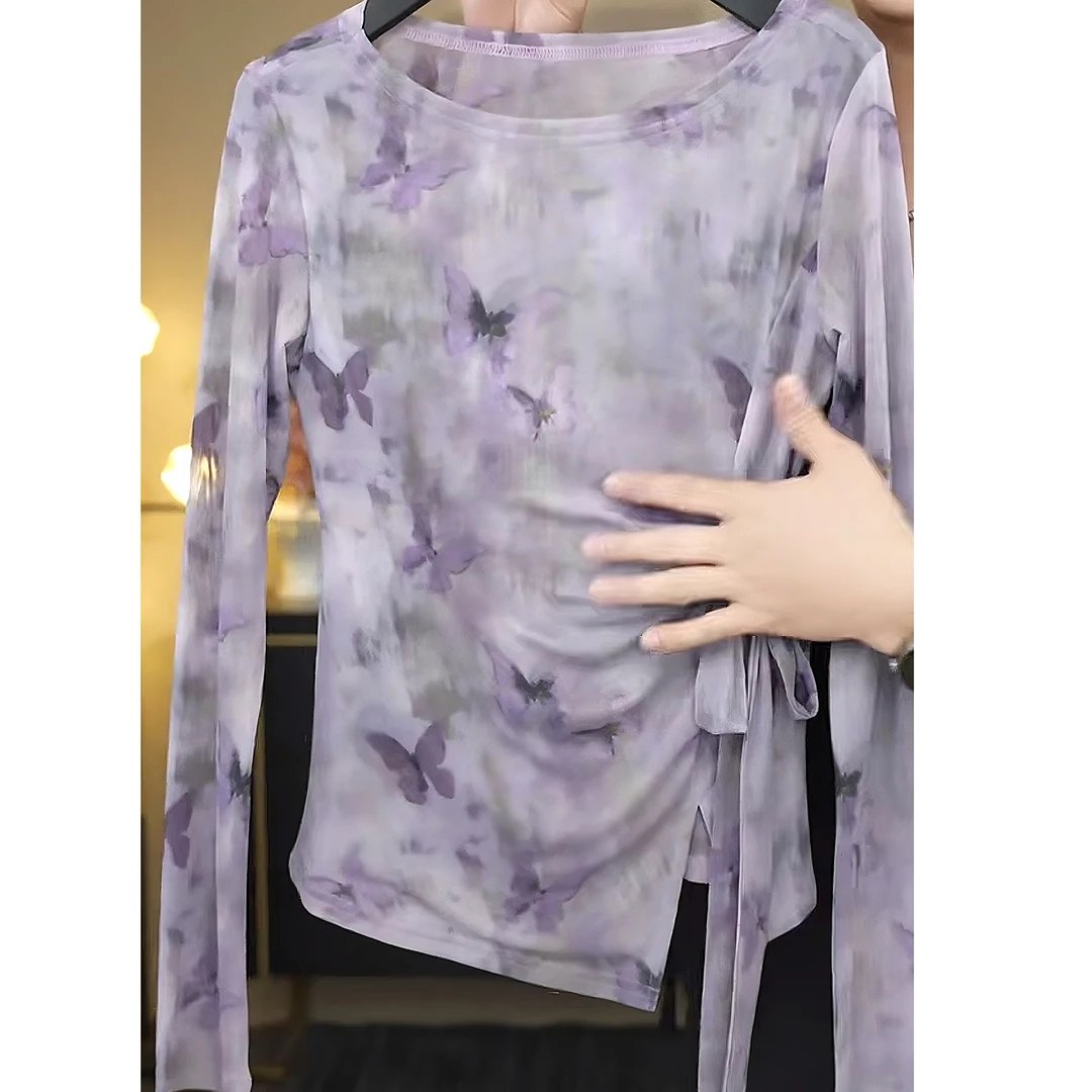 【紫影蝶韵】夏季蝴蝶印花气质绑带设计感扎染网纱T恤女百搭罩衫潮