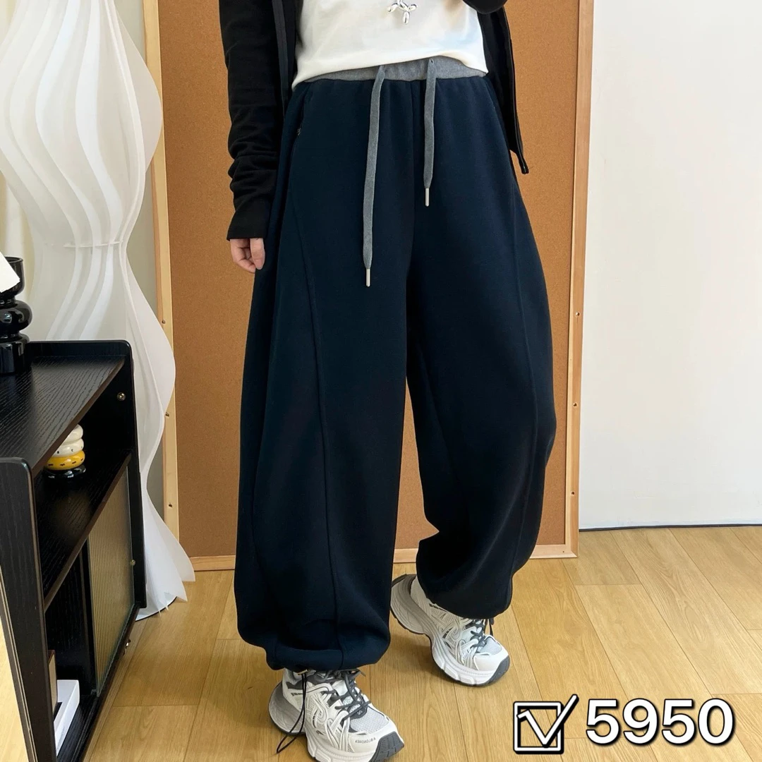 抽绳弯刀阔腿裤女秋冬加绒加厚宽松显瘦百搭长裤