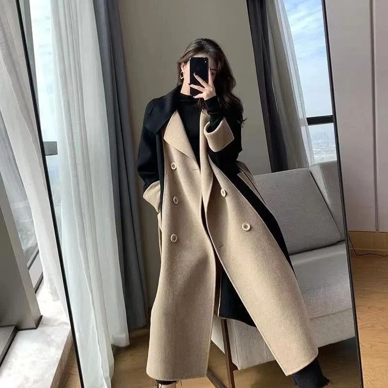 毛呢外套女长款时尚冬季新款双面绒羊毛拼色气质赫本风显瘦大衣