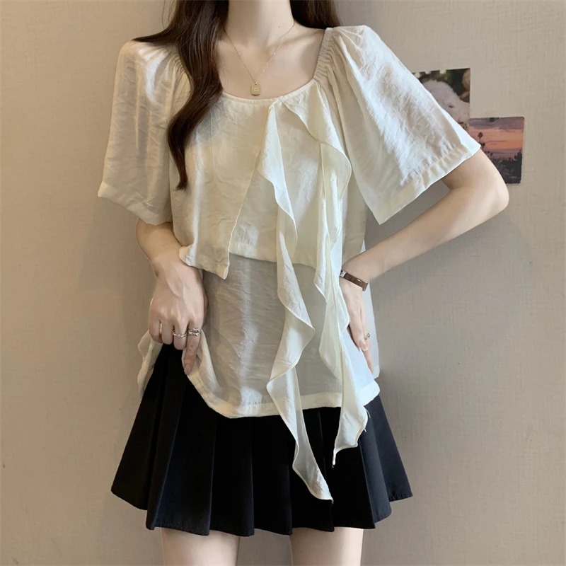大码女装设计感荷叶边短袖衬衫女夏季小衫胖mm不规则飘带雪纺上衣