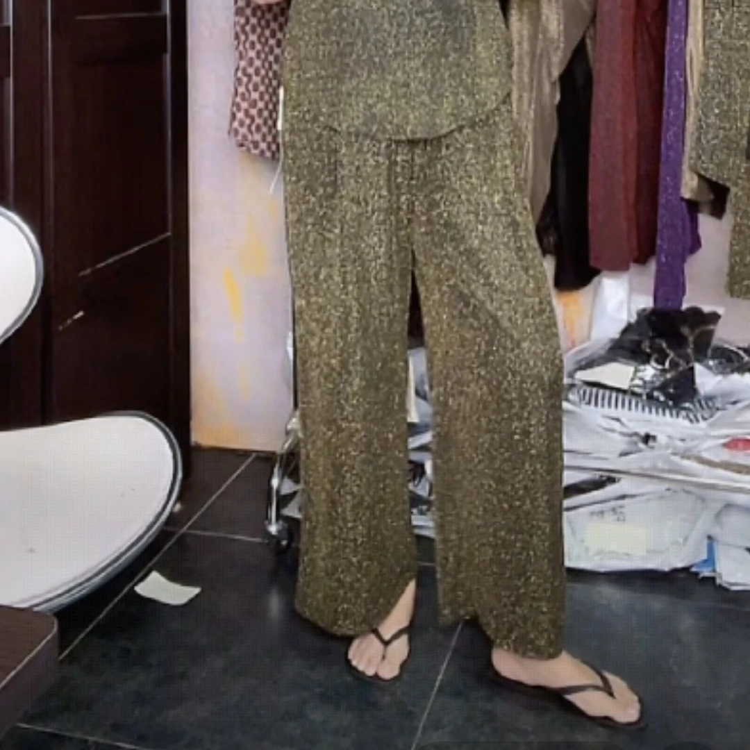 妙唐亮丝时尚大码新款弹力女士休闲直筒裤2678金菱形格