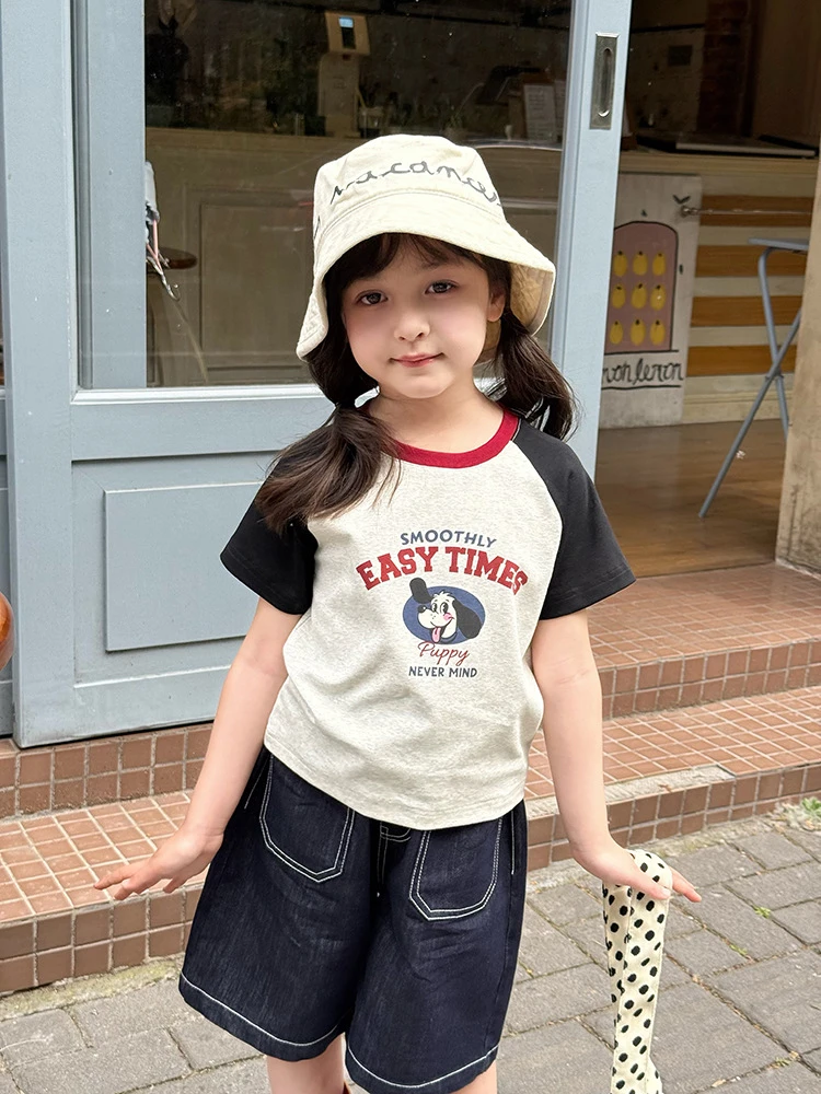 【小梨涡】夏装女童短袖儿童弹力奥代尔拉架字母插肩卡通T恤25C051