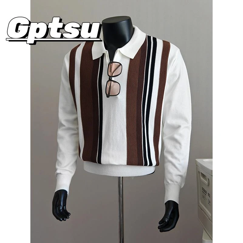 GPTSu撞色半拉链条纹针织POLO衫男款秋冬打底内搭翻领毛线衣外套