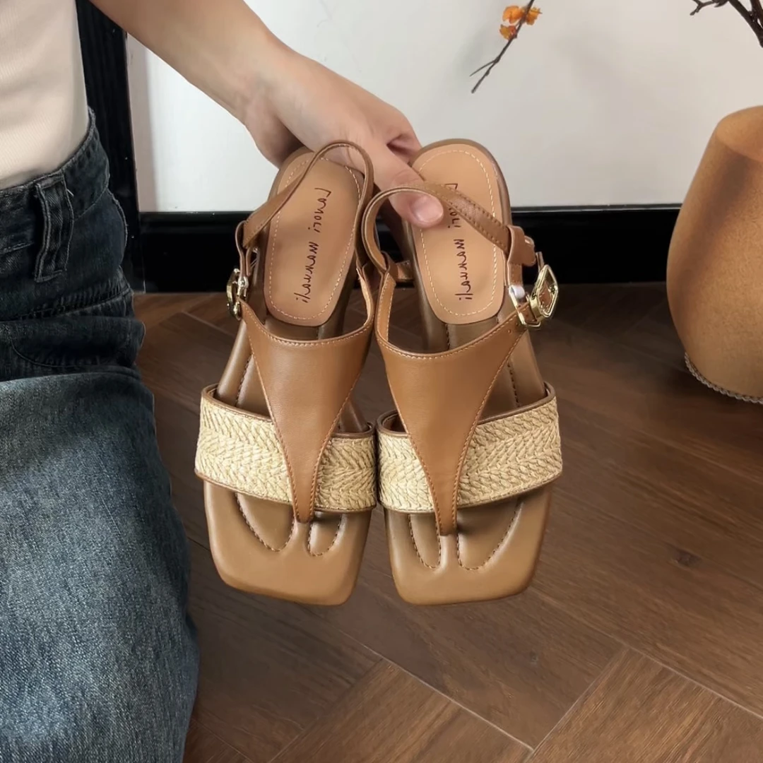 Dannyfrey头层牛皮波西米亚度假风编织夹趾配裙子夏季凉鞋3.5CM