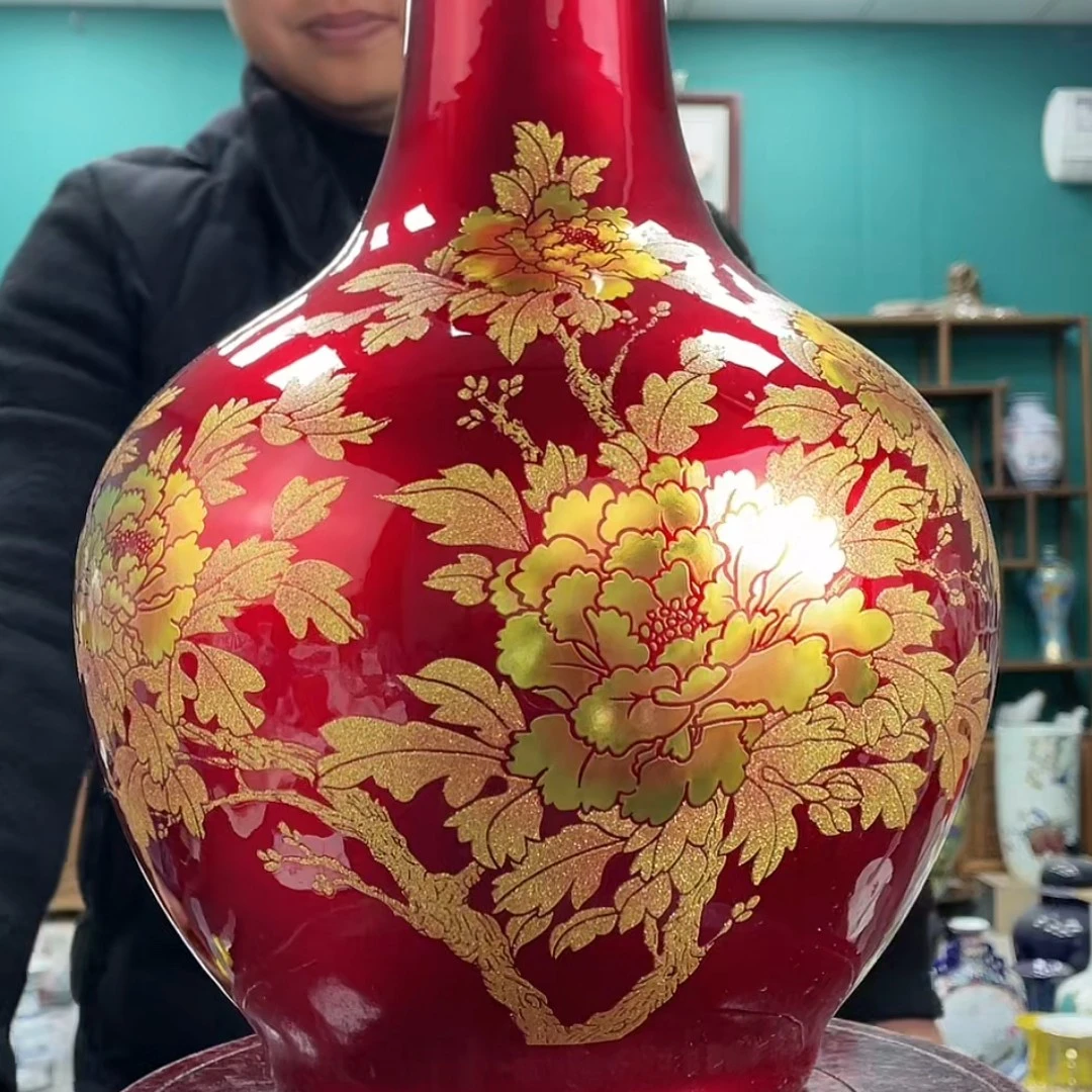 大红赏瓶家用珐琅彩大号精美陶瓷摆件景德镇陶瓷高档复古创意