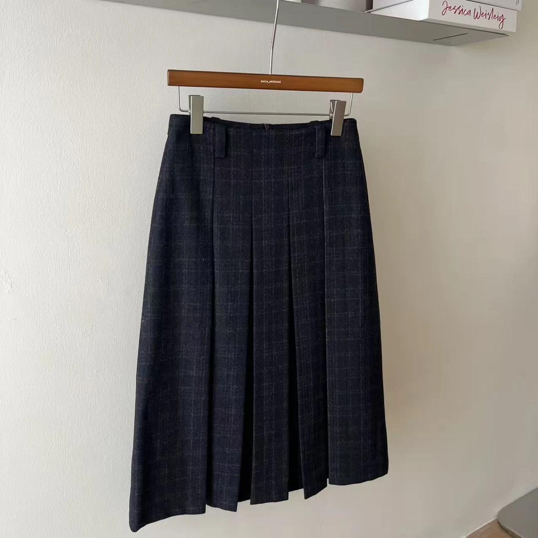 复古百搭高腰厚款格子百褶半身裙