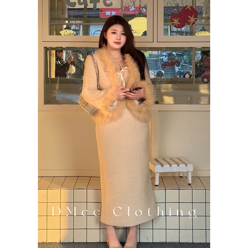 DMcc【奶黄软妹】贵气感小香风秋冬蕾丝修身连衣裙+加厚毛毛外套