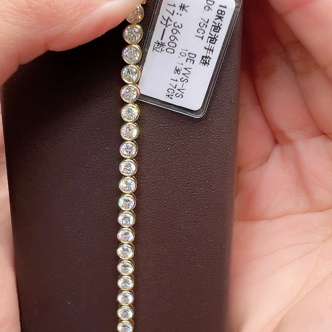 18K金镶嵌实验室培育钻石6.75ct K黄满钻泡泡手链17分/粒17cm