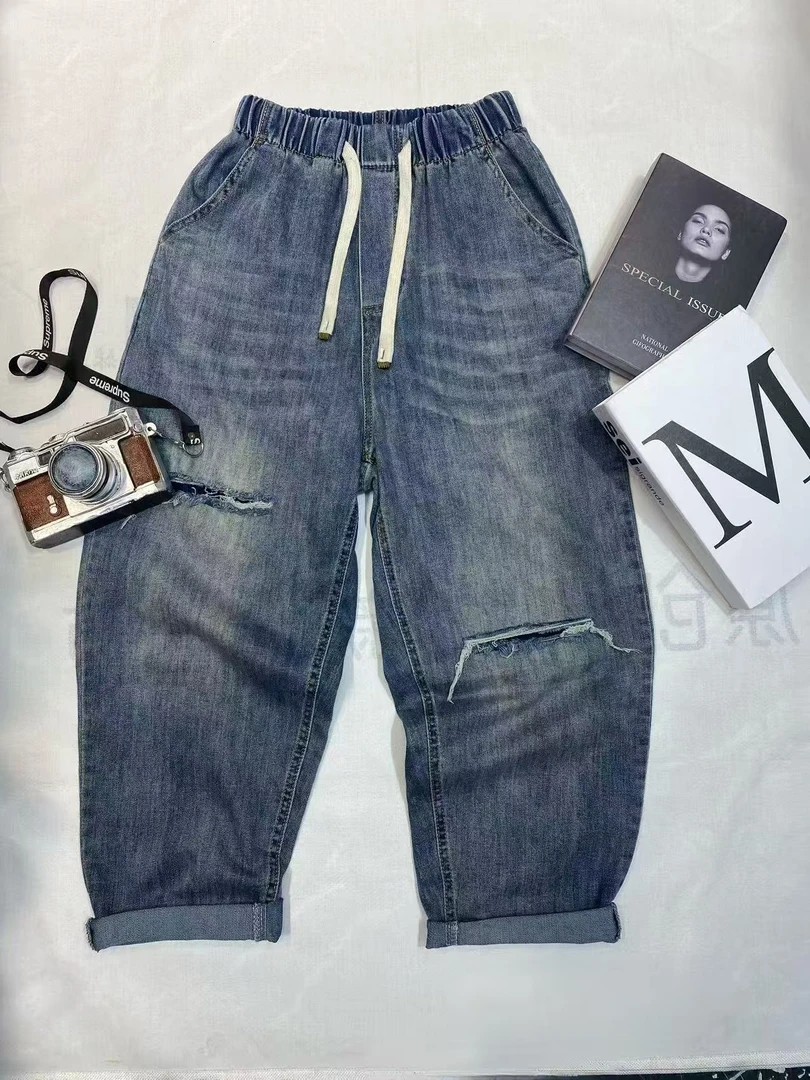 （8210）夏季薄款破洞高腰宽松遮肉显瘦老爹牛仔哈伦裤