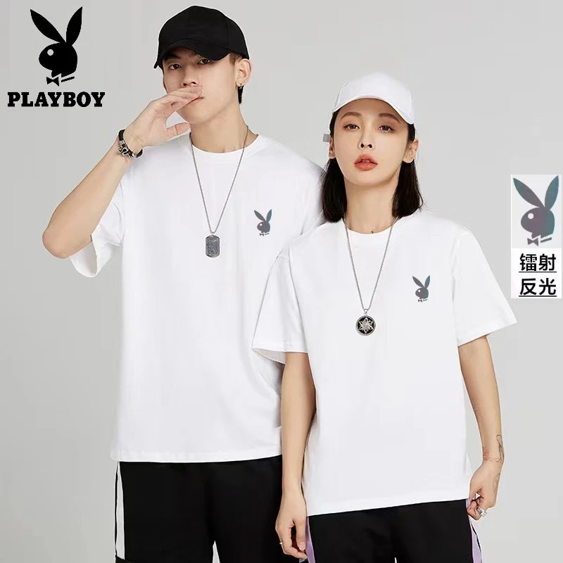 花花公子 镭射反光标紧密精梳纯棉短袖T恤男女同款半袖上衣159