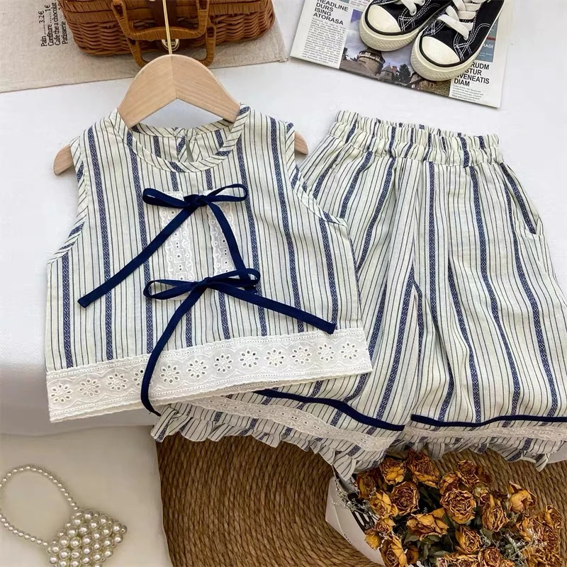超好看~女童夏季2025新款单穿竖纹韩系时髦背心裤子两件套