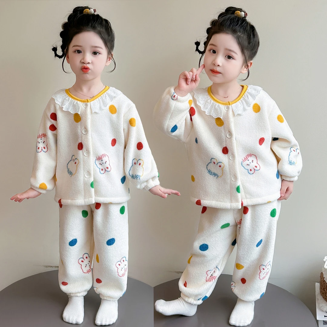 儿童睡衣珊瑚绒秋冬季小女孩花边领开衫套装法兰绒冬款女童家居服