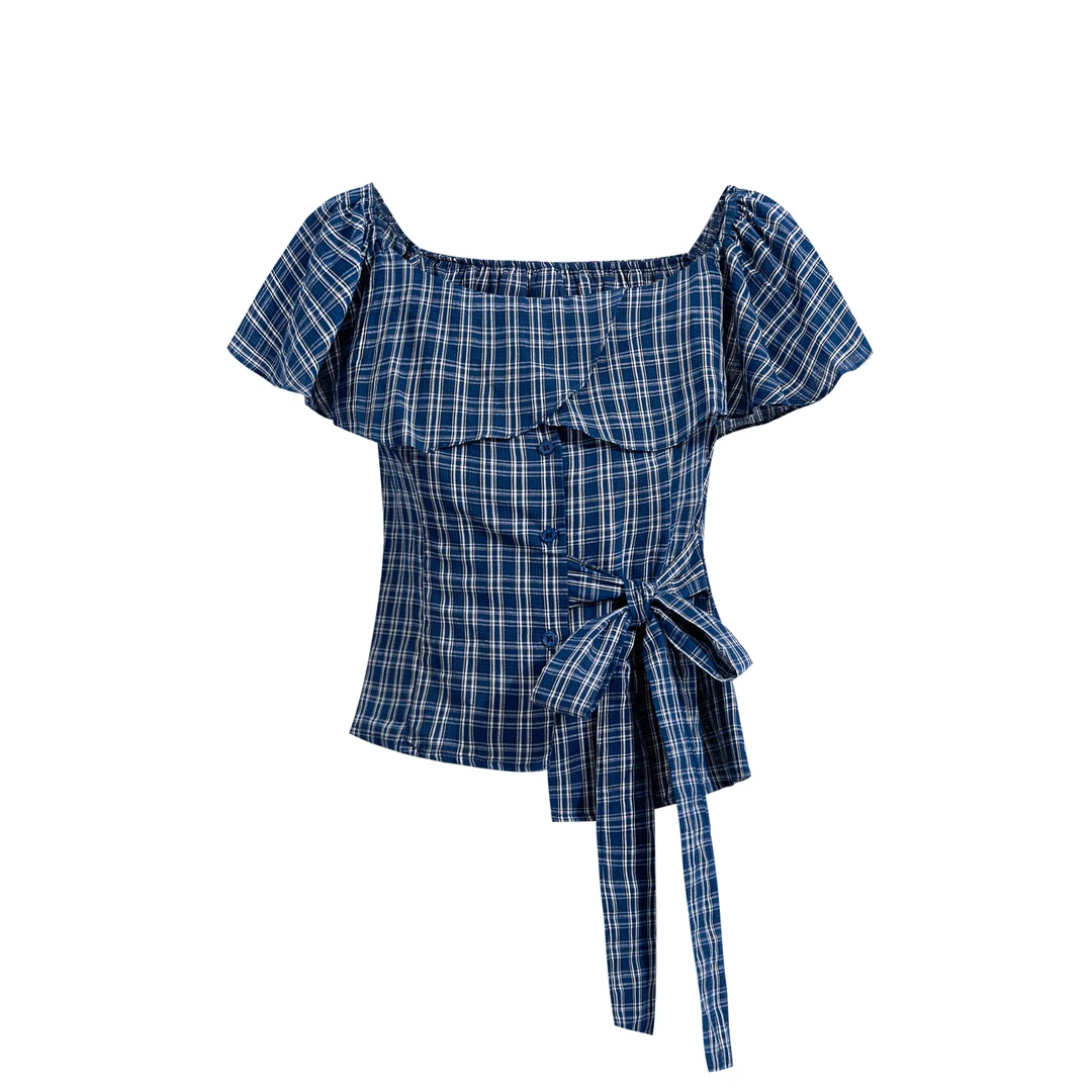 大码胖MM法式纯欲甜辣一字肩衬衫女装夏季荷叶边蓝色格子无袖上衣