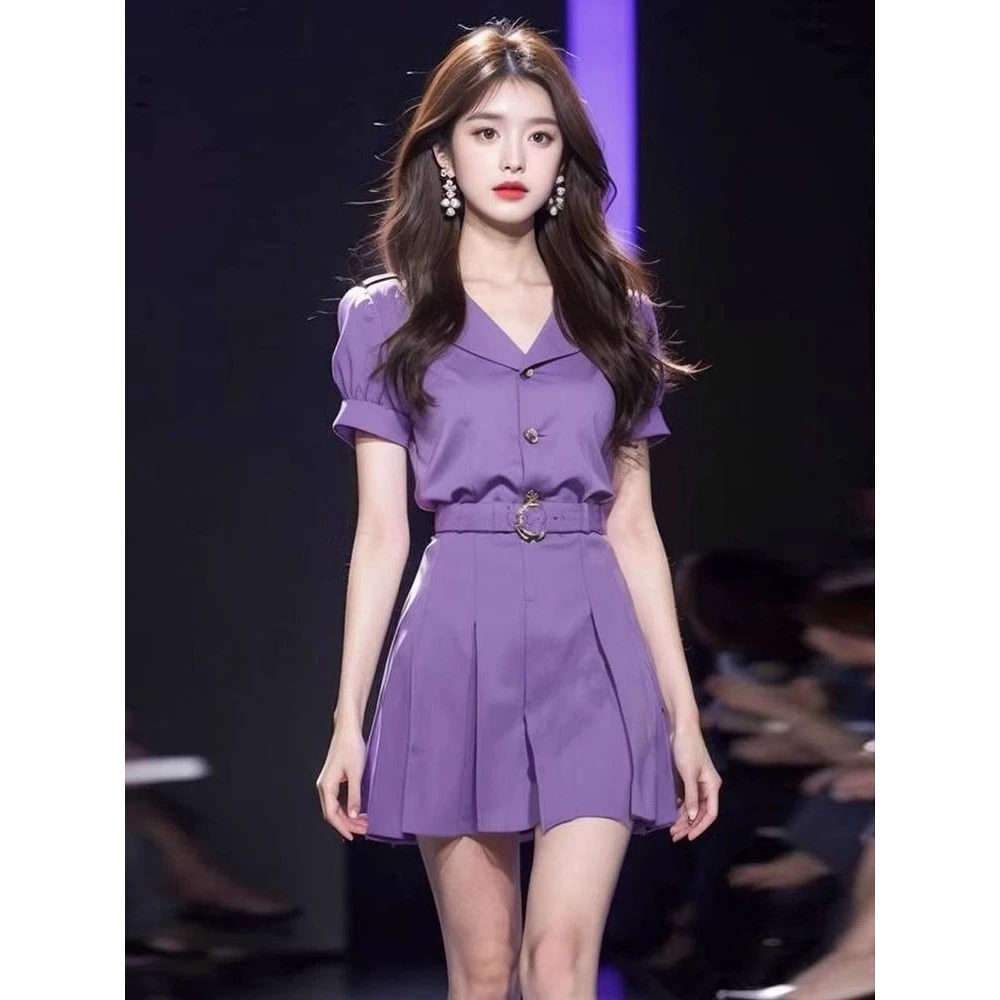 【清仓】紫色连衣裙夏季小个子通勤风韩版收腰时尚字衬衫连衣裙
