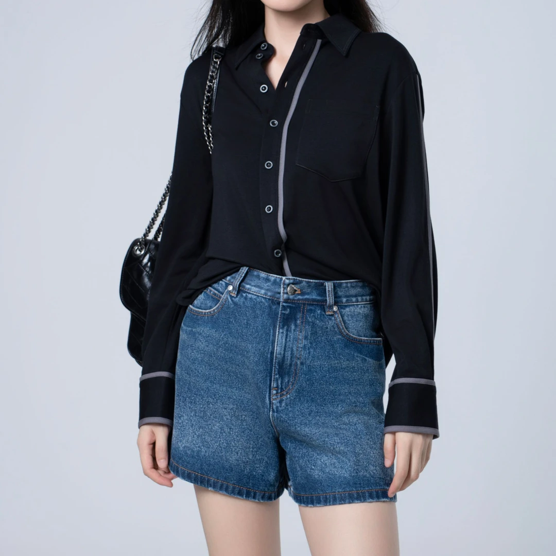 GIRDEAR/哥弟春夏新款线条撞色polo宽松休闲口袋长袖衬衫 1300856