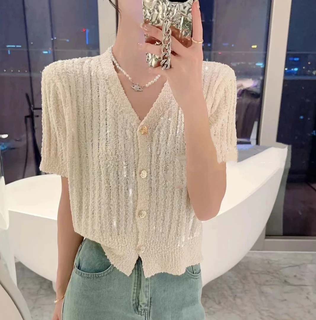 2025年时尚小香风气质V领亮片闪闪短袖T恤针织开衫女夏季短款上衣