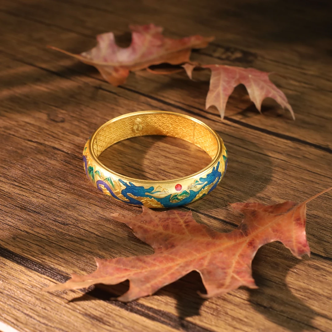 朝銮黄金古法金拍平珐琅彩大好山河足金手镯
