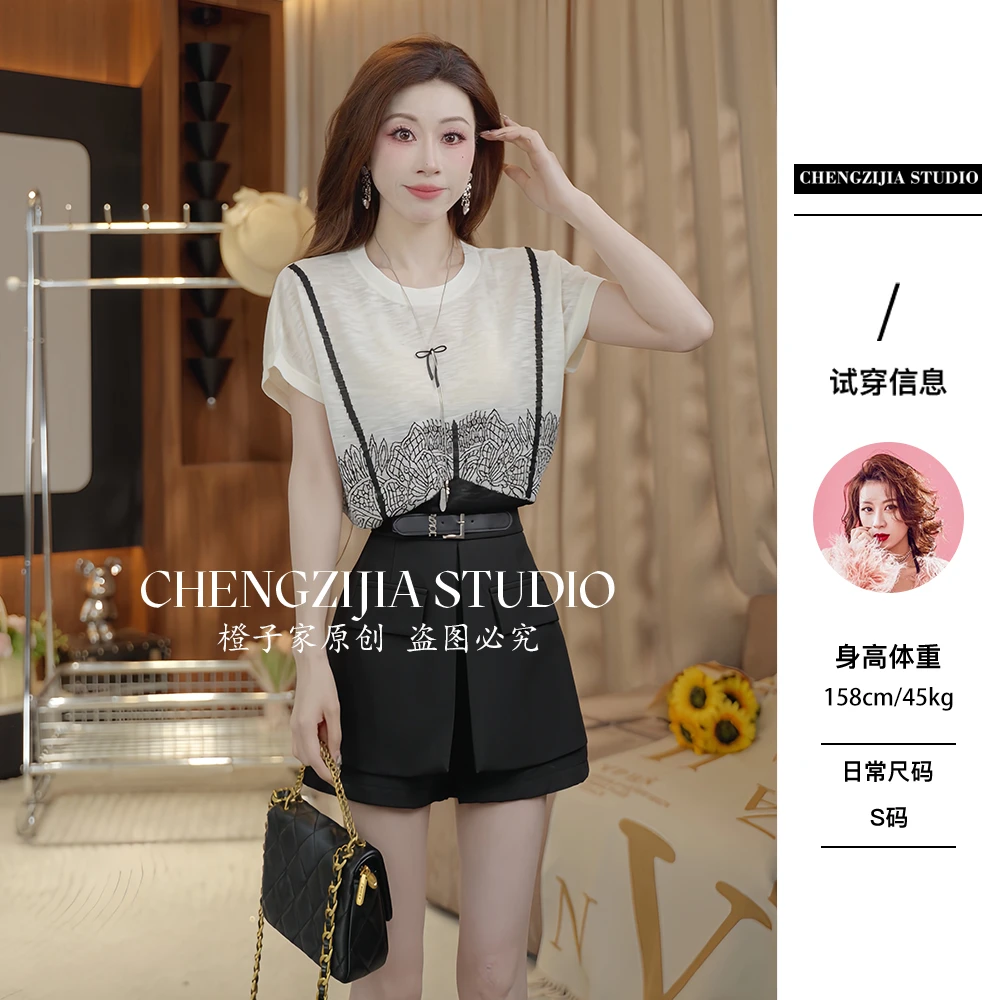 【裴诗婷】橙子·studio【】TX00112潮流拼接圆领假两件T恤