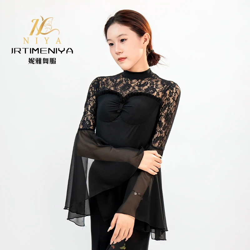摩登舞静奢风黑色性感蕾丝大露背连体训练服交谊舞国标舞广场舞服