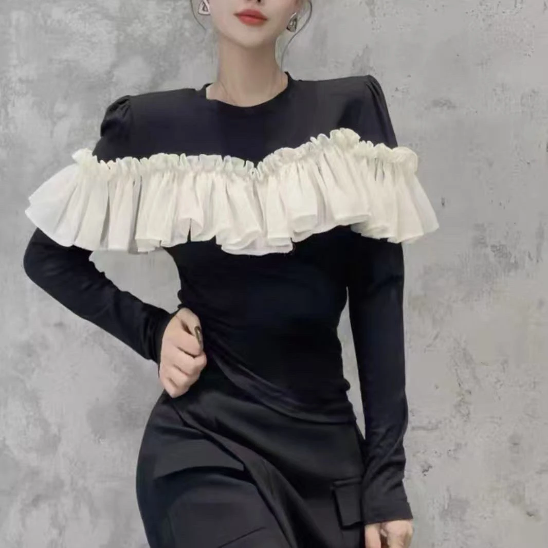 欧货时尚荷叶边2025秋设计感拼接撞色显瘦高级感女人衫