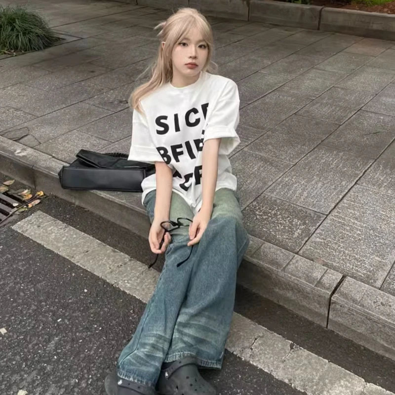 白色美式复古重磅t恤女夏季字母印花圆领短袖宽松慵懒风上衣ins潮