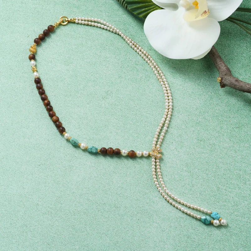 【浮屿】横纹沉水老山檀0.6淡水珍珠设计款Y字项链（多样性发其一）