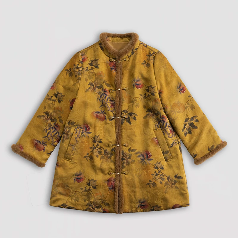 100桑蚕丝（琉林）秋冬立领拼接水貂毛减龄气质驼绒棉服-61197