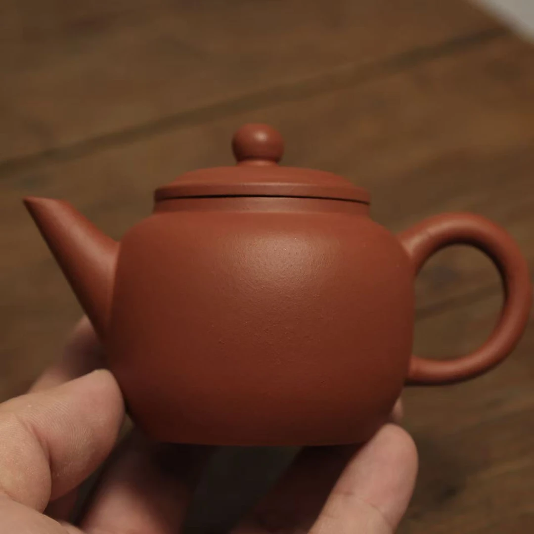 90年代台商定制红泥龙印平盖苹果壶紫砂壶110CC茶具小容量泥壶