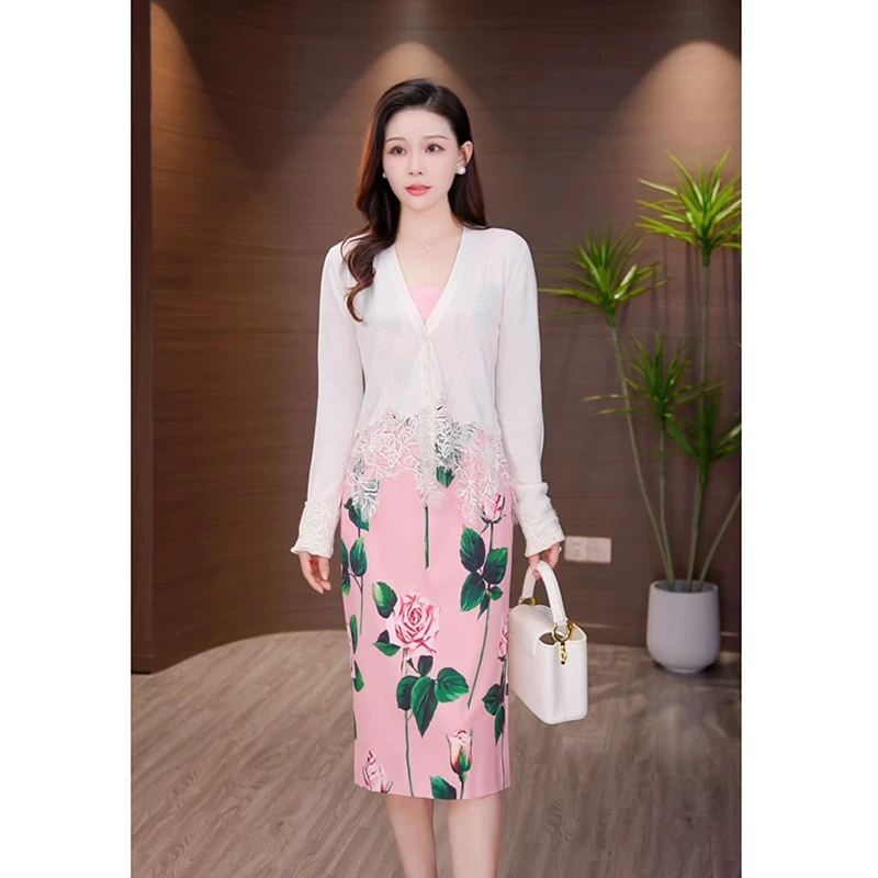 两色！针织气质V领立体浮雕蕾丝刺绣薄款优雅长袖上衣