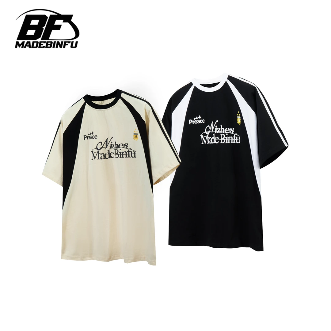 BINFU国潮原创2025年夏季新款男女同款撞色拼接宽松情侣装短袖T恤