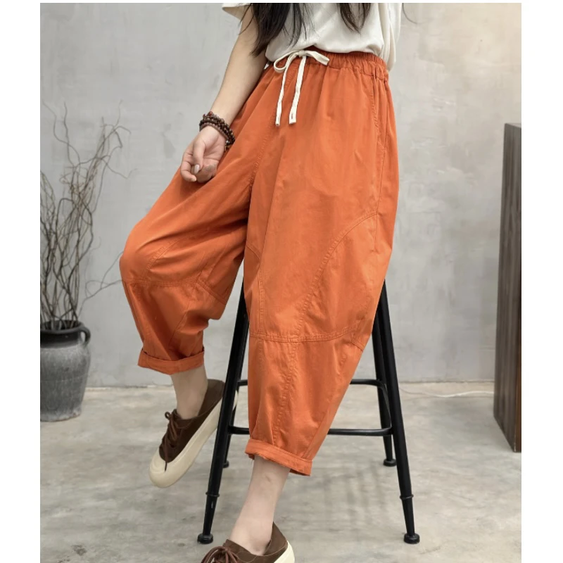 薄款时尚棉质哈伦裤简约女2025夏季新款松紧腰宽松纯色百搭八分裤