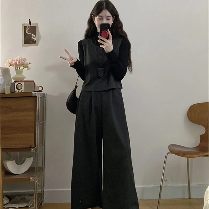 包包专属大码秋季新款简约毛呢马甲+九分阔腿裤+打底衫三件套1826