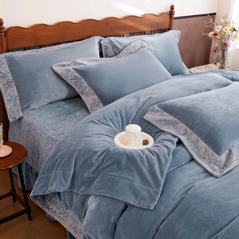 加厚牛奶绒四件套双面珊瑚绒被套床单床盖夹棉床笠款加绒冬季保暖