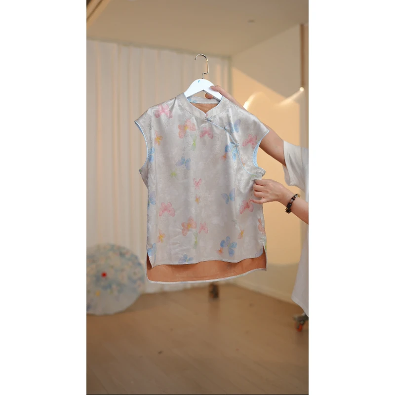 【福至】新中式印花短袖衬衫女2025薄款夏季洋气别致小衫桑蚕丝上衣