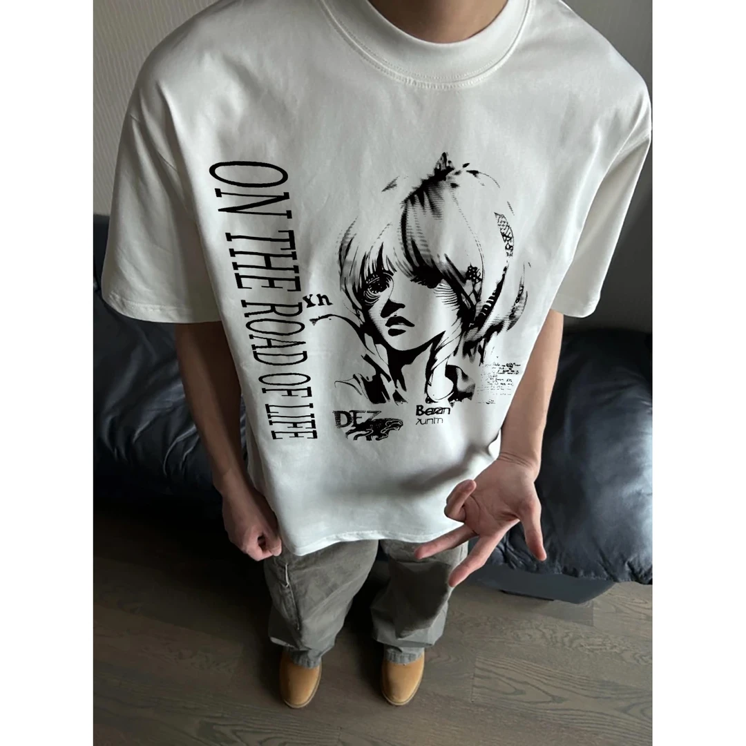 100%纯棉320克重磅美式高街印花潮牌短袖宽松休闲ins夏季T恤圆领